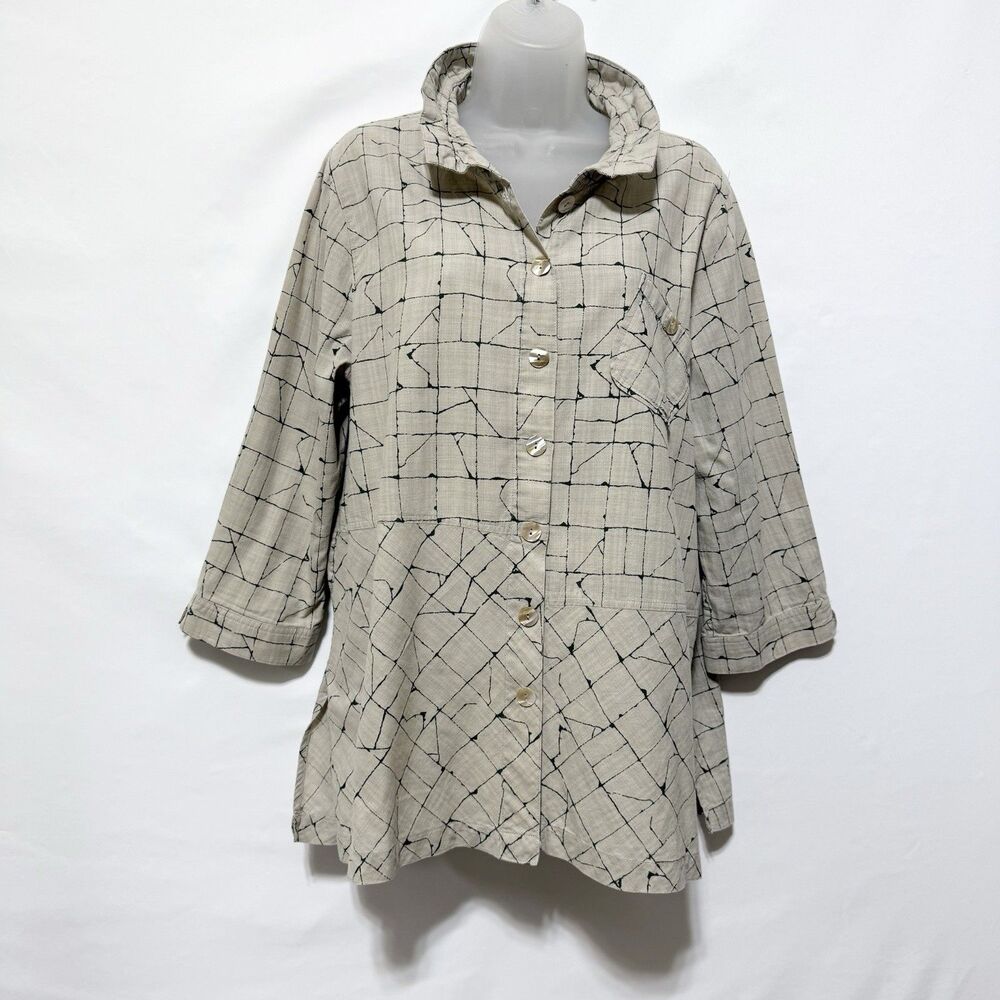 John Mark L Beige Abstract Grid Button Front Tunic Shirt 100% Cotton Pockets
